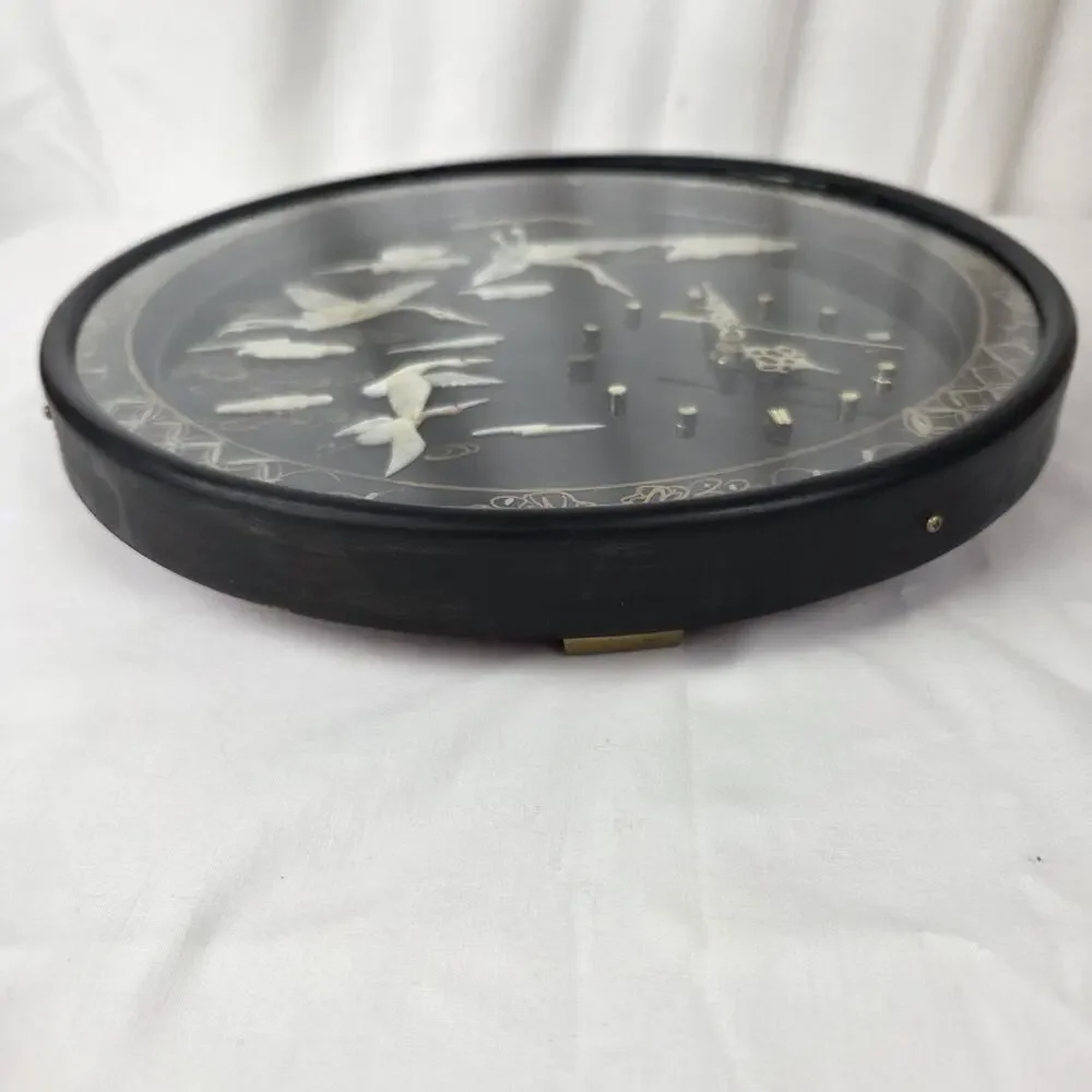 Vintage Asian Mother of Pearl Bird Lacquer Wall Clock 12” Japanese Crane Black